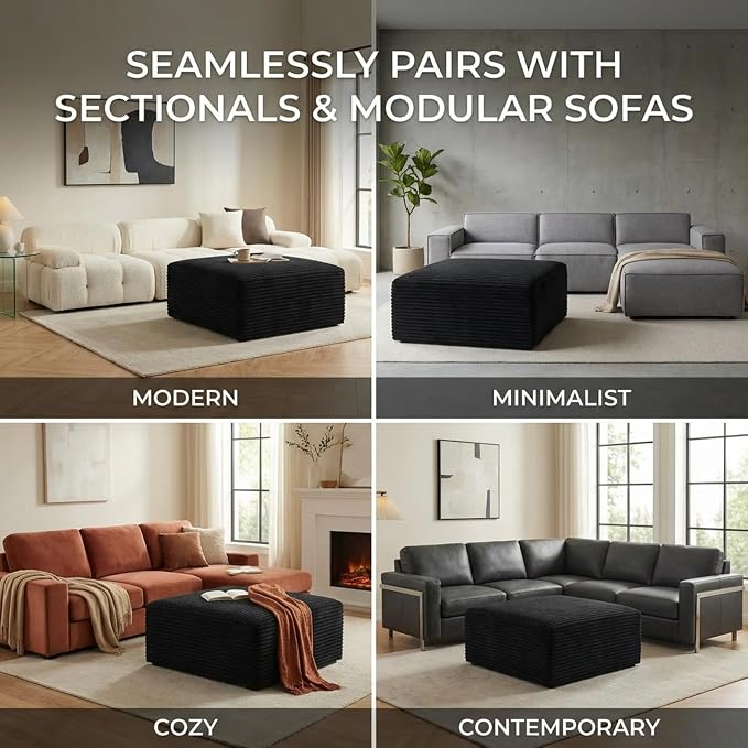 Oversized Boneless Ottoman for Living Room – Plush Square Corduroy Upholstered Couch Ottoman, Modern Low-Profile Footrest for Sectional & Modular Sofa-Black