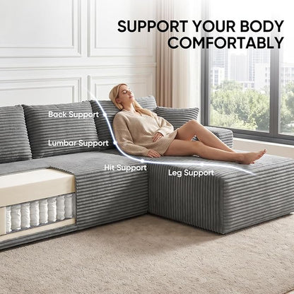 Boneless Couch, 102.4" Sectional Couches for Living Room with L Shape Sofa | Cloud Couch Sectional with Chaise, Modular Cloud Sofa with Deep Seat, No Assembly, Beige, Corduroy, Right Chaise
