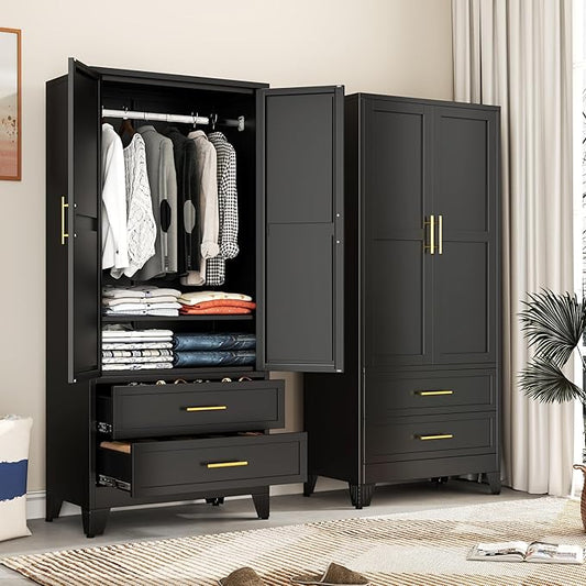 Ckzbx 71" H Metal Armoire Wardrobe Closet with 2 Drawers, Adjustable Shelve, Clothes Drying Pole, Steel Wardrobe Cabinet for Bedroom (Black)