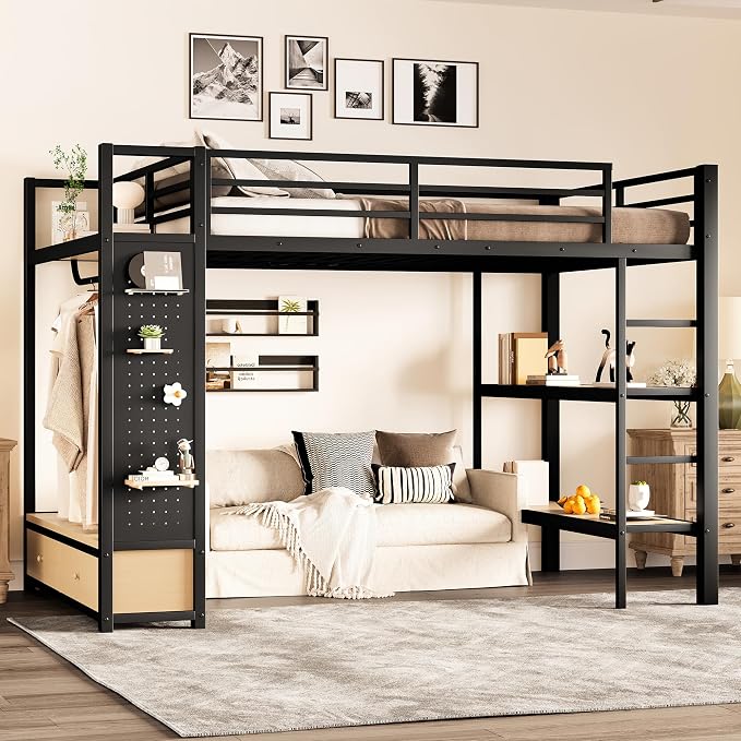 Bellemave Full Size loft Bed with Wardrobe and Storage Shelves and Pegboard Drawers, Metal Full Loft Bed Frame for Adults, Kids, Teens, Black