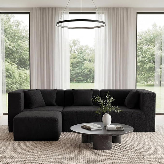 MONVANE 103'' Modular Sectional Sofa, Comfy Teddy Velvet Cloud Couch with Ottoman, Modern Convertible L Shaped Couch with Deep Seat, Sectional Couches for Living Room, Bedroom and Apartment, Black