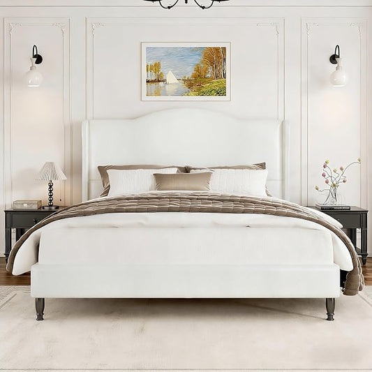 Upholstered Bed Frame with Tall Headboard, Leather Full Platform Bed Frame with Wingback Sides, Wood Slats Support, Noise-Free Design, No Box Spring Needed, Easy Assembly, White