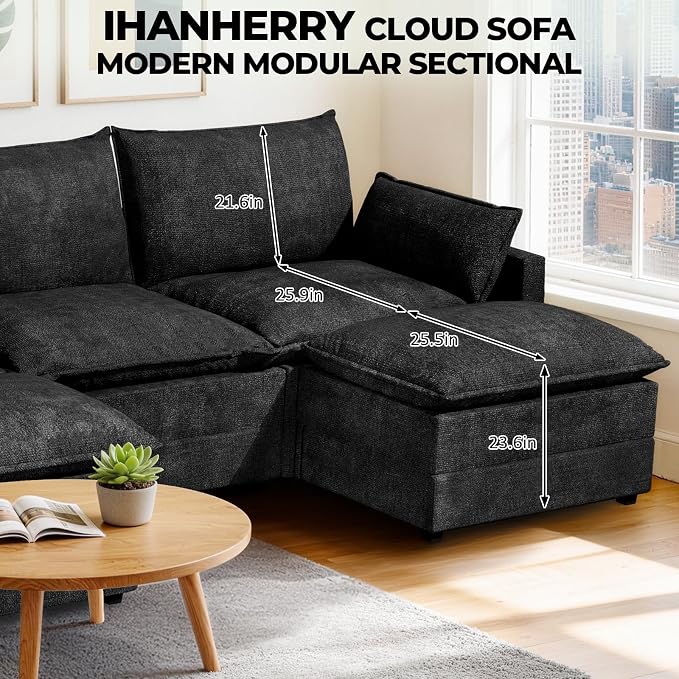 LEVELEVE 147" U-Shape Modular Sofa with 2 Ottomans, Deep Seat Cloud Convertible Sleeper, 2 Arm Pillows, Comfortable Large Upholstered Furniture for Living Room Apartment, Black