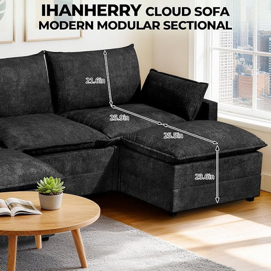 LEVELEVE 147" U-Shape Modular Sofa with 2 Ottomans, Deep Seat Cloud Convertible Sleeper, 2 Arm Pillows, Comfortable Large Upholstered Furniture for Living Room Apartment, Black