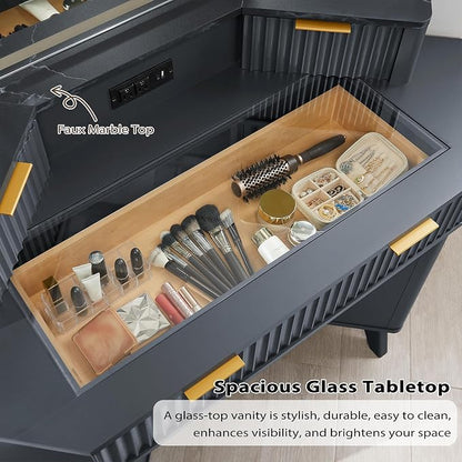 T4TREAM Fluted Makeup Vanity Desk with 3 Way Mirror and Lights, 48" Large Corner Vanity Table with Glass Top, Charging Station, 3 Drawers, Storage Cabinets & Shelves, for Bedroom, Dark Grey