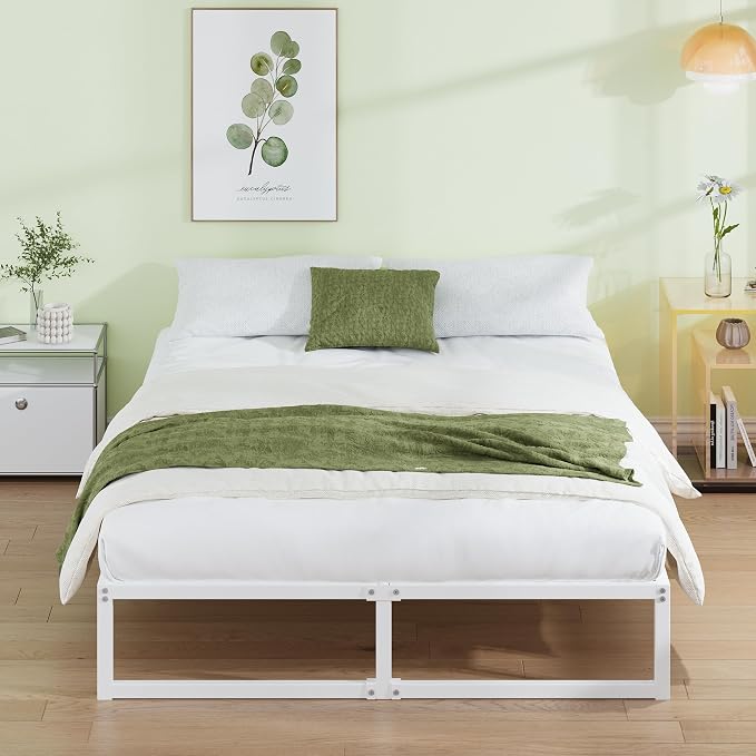 EMODA 12 Inch Full Size Bed Frame, Metal Platform Bed Frame Full No Box Spring Needed, Heavy Duty Steel Slats Support, Easy Assembly, Noise Free, White