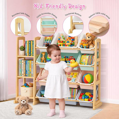 Kids Toy Storage Organizer with Bookshelf – Wooden Shelf with 12 Bins & 3 Shelves, Quick Assembly Storage Rack for Playroom, Bedroom, Nursery– Colorful