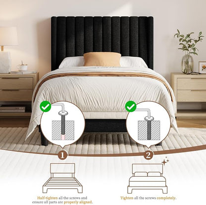 Yaheetech Twin Bed Frame Upholstered Platform Bed with Fabric Headboard, Wing Edge Design/Non-Slip and Noise-Free/Wooden Slats Support/No Box Spring Needed/Easy Assembly,Black Twin Bed