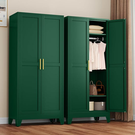 winiowa Metal Armoire Wardrobe Closet with 2 Doors, 71" Wardrobe Cabinet with Adjustable Shelves and Hanging Rod, Clothing Storage Cabinet Closet for Bedroom-Green