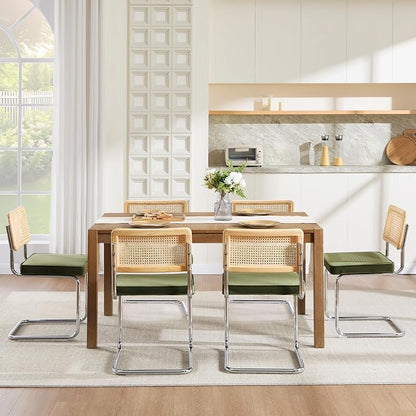 Zesthouse Natural Rattan Dining Chairs Set of 6, Olive Green Modern Kitchen Chairs with Solid Wood Back & Chrome Base, Mid Century Breuer Design Inspired, Upholstered Luxurious Velvet Fabric