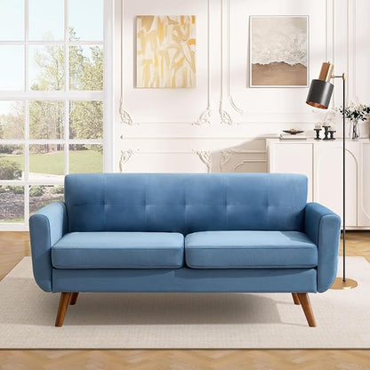 Tbfit 65" W Loveseat Sofa, Velvet Mid Century Modern Love Seat Couches for Living Room, Button Tufted Upholstered Small Couch for Bedroom, Solid and Easy to Install Love Seats Furniture, Blue | linen fabric