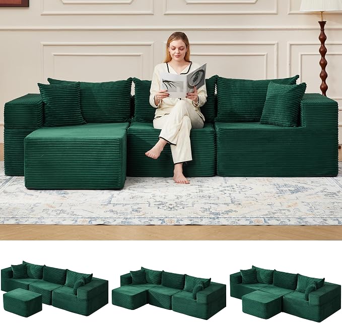 HOMREST 102" Cloud Couch Sectional, L Shaped Modern Sofa with Ottoman, Comfy Corduroy Fabric Modular Sectional Sofa in a Box, Boneless Couches for Living Room, No Assembly Required (Green)