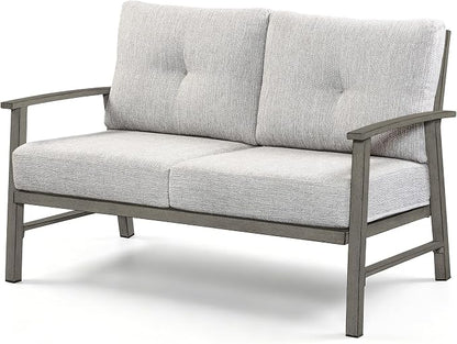 Patio Furniture Loveseat Sofa, Outdoor Aluminum Couch with 5.9'' Soft Cushion, All-Weather Outdoor 2 Seats Patio Furniture Sofa Couch for Garden, Poolside, Lawn, Limed Oak