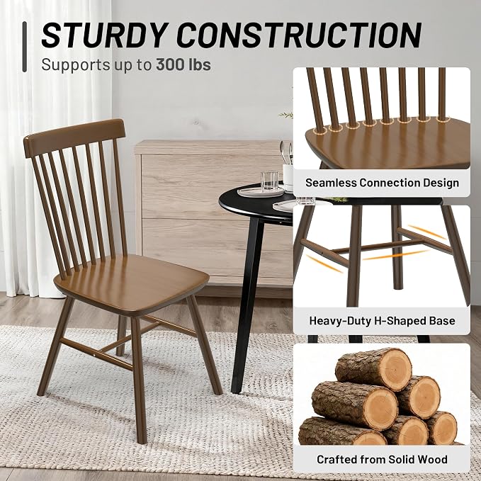 AreShark Windsor Dining Chairs, Farmhouse Wooden Dining Room Chairs, Solid Wood Kitchen Chairs with Spindle Back Set of 2, Walnut
