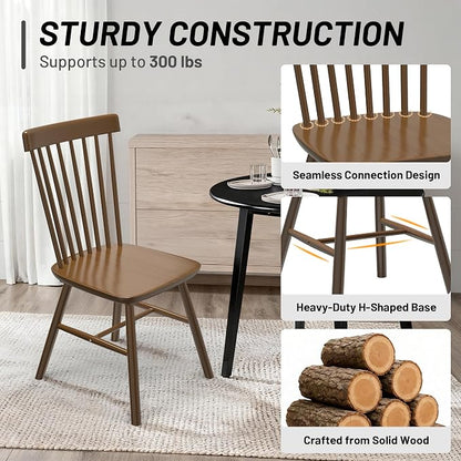 AreShark Windsor Dining Chairs, Farmhouse Wooden Dining Room Chairs, Solid Wood Kitchen Chairs with Spindle Back Set of 2, Walnut