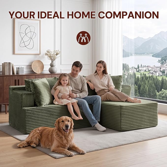 Korser Boneless Couches for Living Room, Cloud Couch Sectional with Ottoman, L-Shaped Sofa with Fluffy Comfy Corduroy Deep Seat, Bedroom, Apartment, No Assembly Required