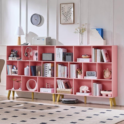 LEYAOYAO 10 Cube Bookshelf,3 Tier Modern Wide Bookcase with Legs,Mid-Century Wood Bookshelves Storage,Light Pink Large Book Case,Freestanding Organizer Display Shelf for Bedroom,Living Room,Office