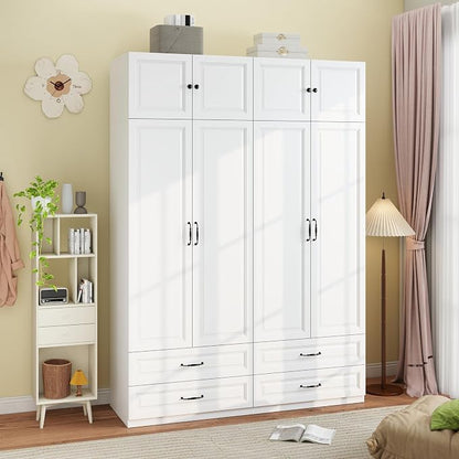 Armoire Wardrobe Closet with 4 Drawers: 88" White Bedroom Closet, Wood Wardrobe Closets with 4 Doors, Tall Armoire Cabinet and Storage Shelves for Clothing (63")