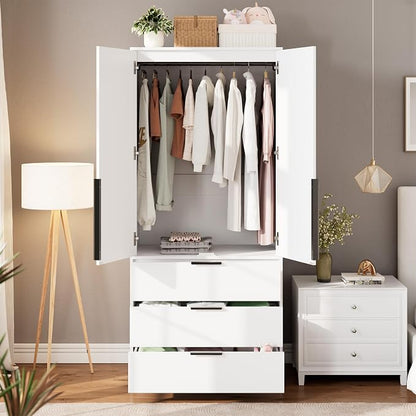 Garvee 70" Wardrobe Armoire Wooden Closet with 2 Doors and 3 Drawers, Bedroom Armoire with Hanging Rod Shelf, Large Capacity Storage Wardrobe Armoire, Freestanding Wooden Closet Storage Cabinet