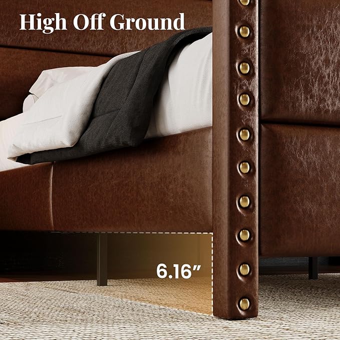 King Size Bed Frame with Storage Shelf & Charging Station, 55" Tall Headboard & 25.6" Footboard, Faux Leather Upholstered Platform Bed with Big Rivets Wingback, Heavy Duty & Noise-Free, Brown