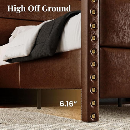 King Size Bed Frame with Storage Shelf & Charging Station, 55" Tall Headboard & 25.6" Footboard, Faux Leather Upholstered Platform Bed with Big Rivets Wingback, Heavy Duty & Noise-Free, Brown