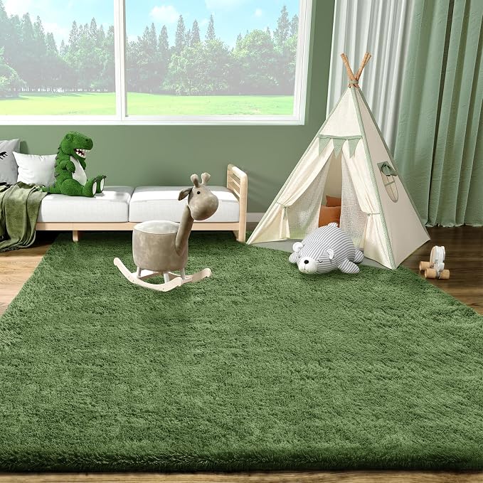 Ophanie Gray Green Rugs for Living Room 5x8,Grass Shag Fluffy Large Fuzzy Plush Soft Carpets,Floor Shaggy Area Rugs for Bedroom,Carpet for Kids Boys Girls Dorm Decor with Over 99 pcs Pile fibers