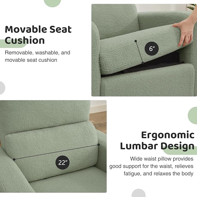Power Swivel Rocker Recliner, Oversized Electric Boucle Recliner Chair, Teddy Swivel Glider Nursery Reclienr with Removable Cushion, Upholstered Recling Chair for Living Room Bedroom, Green