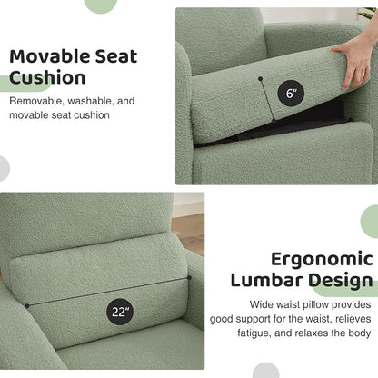 Power Swivel Rocker Recliner, Oversized Electric Boucle Recliner Chair, Teddy Swivel Glider Nursery Reclienr with Removable Cushion, Upholstered Recling Chair for Living Room Bedroom, Green