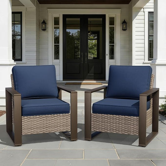 Joyside Outdoor Patio Chairs Set, 2 Pieces Wicker Rattan Chairs with Metal Wide Armrest, Thick Cushions and Deep Seating for Garden, Backyard, Porch, Deck