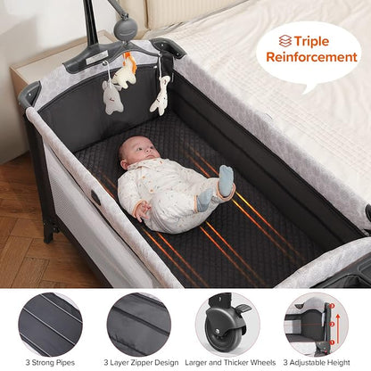 ELEMARA Baby Bassinet Bedside Crib with Diaper Changer, Pack and Play with Mattress for Baby，4 in 1 Playpen Travel Bed with Storage,Playard with Adjustable Height