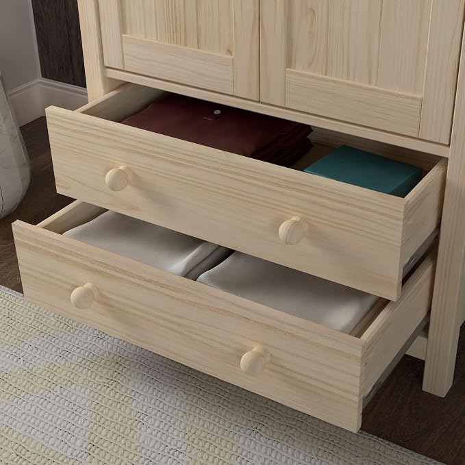 From the Tree Furniture Wardrobe – 2-Door Armoire with 2 Drawers, Unfinished Pine, 29.52″ W × 20.86″ D × 70.86″ H – Bedroom Closet with Hanging Rail & Metal Runners