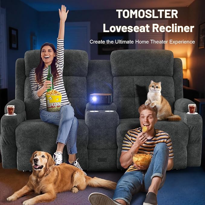 Loveseat Recliner Sofa, Home Theater Seating with Massage, Reclining Loveseats with Console, Wall Hugger RV Couch Movie Theater Chairs, RV Furniture Sofas with USB, Cup Holders, Drawer for Gaming Room