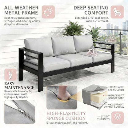 Kiss the Water 3 Seats Aluminum Outdoor Patio Sofa Set, All Weather Rust-Proof Metal Patio Couch, Modern Outdoor Furniture for Backyard Porch Garden, 5" Thick Waterproof Olefin Cushions, Light Grey