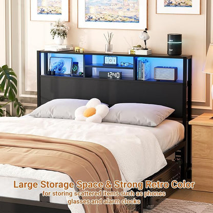 Aheaplus Headboard for Twin Size Bed with Storage, Headboards with Outlets, USB Ports and LED Light, Twin Size Head Board Only, Height Adjustable, Reversible, Sturdy and Stable Headboard, Black