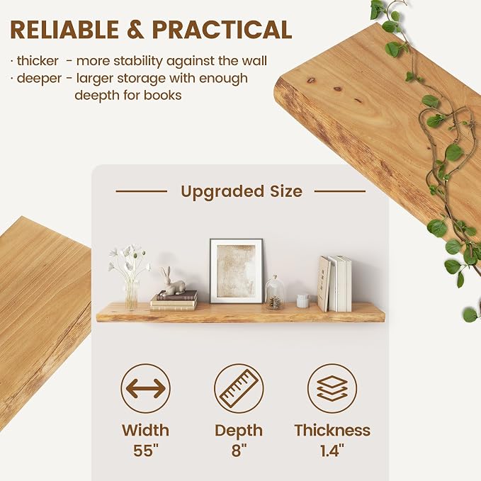 Live Edge Floating Shelves for Wall Decor, Solid Elm Wood Floating Shelves Wall Mounted, Rustic Wall Shelves with Invisible Bracket for Living Room Bathroom Bedroom Kitchen, 55 Inch, Natural