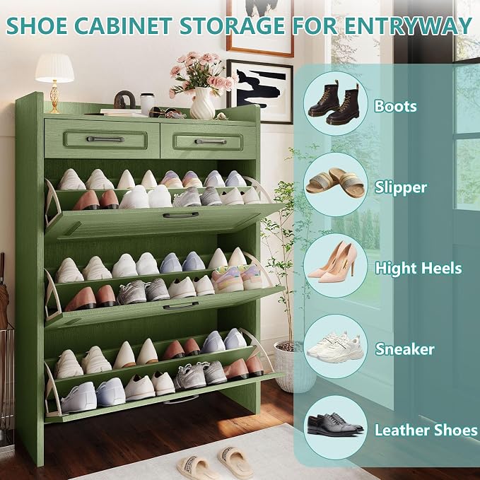 Shoe Cabinet with 3 Large Flip Drawers and 2 Storage Drawers, Narrow Shoe Organizer Cabinet Fits for Kinds of Shoes, Hidden Shoe Storage Cabinet for Entryway, Hallway, Green