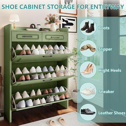 Shoe Cabinet with 3 Large Flip Drawers and 2 Storage Drawers, Narrow Shoe Organizer Cabinet Fits for Kinds of Shoes, Hidden Shoe Storage Cabinet for Entryway, Hallway, Green