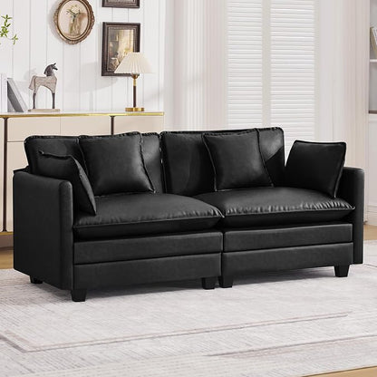 76'' Cloud Deep Seat Loveseat, Upholstered Leather Modular 2-Seats Sectional Sofa Couch, Modern Comfy Settee Loveseat for Living Room Set, Small Apartment, Leather Black
