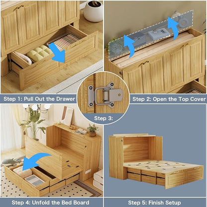 Full Murphy Bed Cabinet: Oak Cabinet Bed with Charging Station, Cube Murphy Beds with Drawers, Modern Hidden Beds for Small Spaces, Guest Room and Office