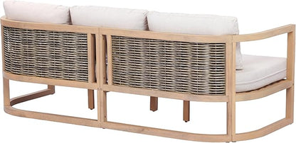 Merax 4 Piece Rattan Woven Paito Conversation Set, All-Weather Acacia Wood 3 Seater Sofa,2 Club Armchairs with Cushions, 1 Coffee Table for Porch, Lawn, Backyard, Balcony, Light Teak