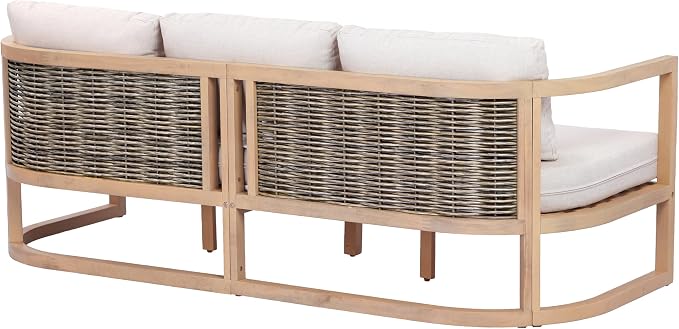Merax 4 Piece Rattan Woven Paito Conversation Set, All-Weather Acacia Wood 3 Seater Sofa,2 Club Armchairs with Cushions, 1 Coffee Table for Porch, Lawn, Backyard, Balcony, Light Teak