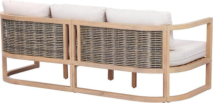 Merax 4 Piece Rattan Woven Paito Conversation Set, All-Weather Acacia Wood 3 Seater Sofa,2 Club Armchairs with Cushions, 1 Coffee Table for Porch, Lawn, Backyard, Balcony, Light Teak