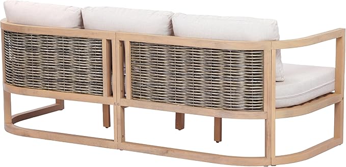 Merax Outdoor All-Weather Acacia Wood 3 Seater Sofa with Cushion and Deep Seat, Patio Sofa Daybed with Sturdy Base for Porch, Lawn, Backyard, Balcony, Light Teak