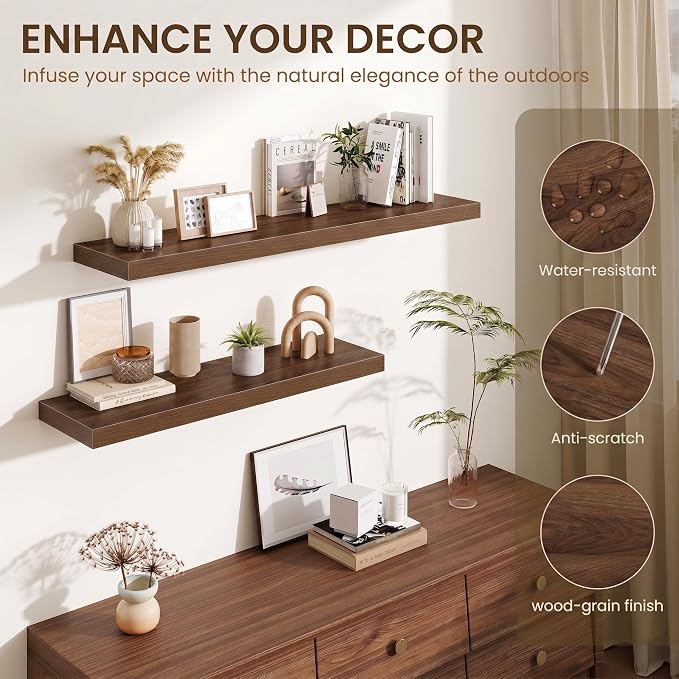 Fun Memories 24 x 10 Floating Shelves Wall-Mounted - Rustic Wood Shelf - 10 Inch Deep Floating Shelves for Wall - Large Storage Shelf for Bathroom - Kitchen & Bedroom - Walnut - Set of 3