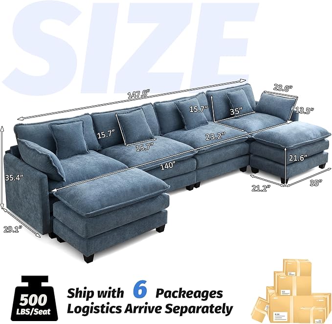 147'' Sectional Cloud Deep Seat Couch, Oversized Chenille U Shaped Sectional Sofa for Living Room Set, Comfy Upholstered Modular Sectional Sofa Couch with 2 Movable Ottoman, Blue
