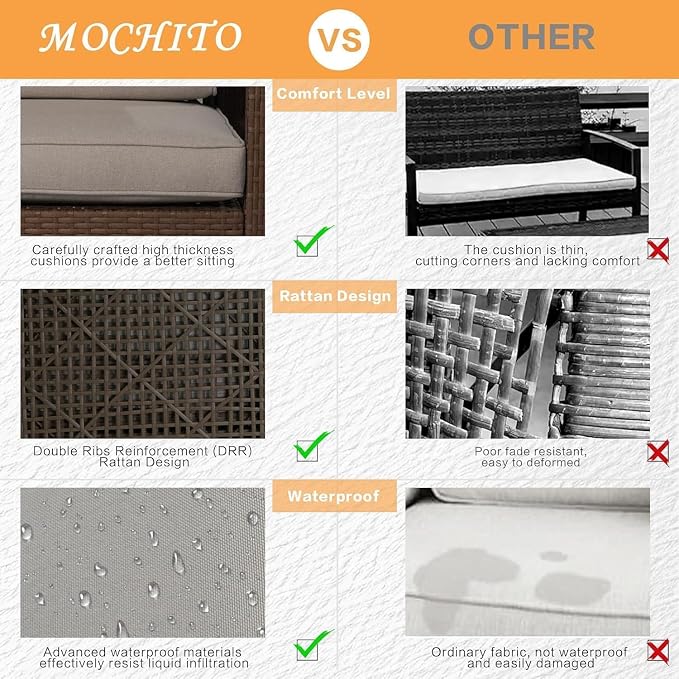MOCHITO 7 Pieces Outdoor Patio Furniture Sets, All-Weather Sectional Sofa Dark Brown PE Rattan Wicker Conversation Set with Glass Table and Washable Khaki Cushions for Backyard,Sunroom,Garden