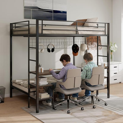 Bellemave Full Over Twin bunk Bed with Desk, loft Bed with Desk and Shelves, Full Over Twin Metal Bunk Beds with Charging Station, Black & Cinnamon Oak
