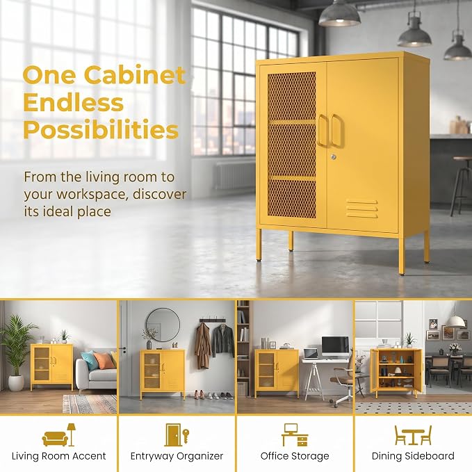 Yellow Metal Locker CabinetsMetal Locker Storage Cabinet with Mesh Doors and Adjustable Shelves Coffee Bar Cabinet,Kitchen Pantry Storage Cabinets for Home, Office, Entryway and Hallway