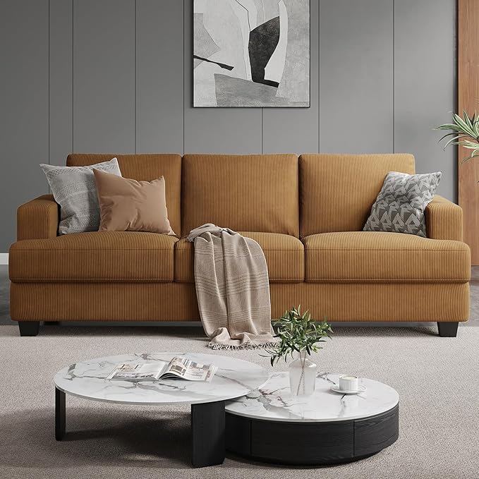 COPIAE 89 Inch Sofa with Extra Deep Seats Oversize, 3 Seater Sofa for Living Room, Modern Couch and Sofa, Comfy Armrests and Seats and Backrests, Easy Installation, Corduroy Fabric Ginger Yellow