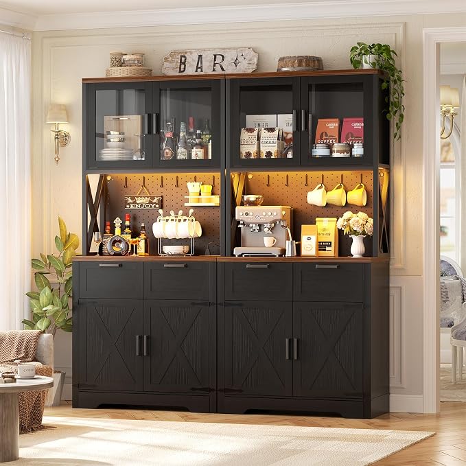 Unikito 71" Tall Kitchen Pantry Storage Cabinet with LED Light & Outlet, 63" Wide Kitchen Hutch Cabinet with Large Countertop, DIY Pegboard and Drawers, Food Pantry for Living Room,Black and Rustic